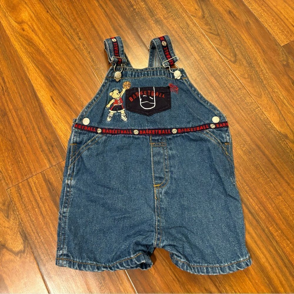 Basketball vintage embroidered denim overall shorts